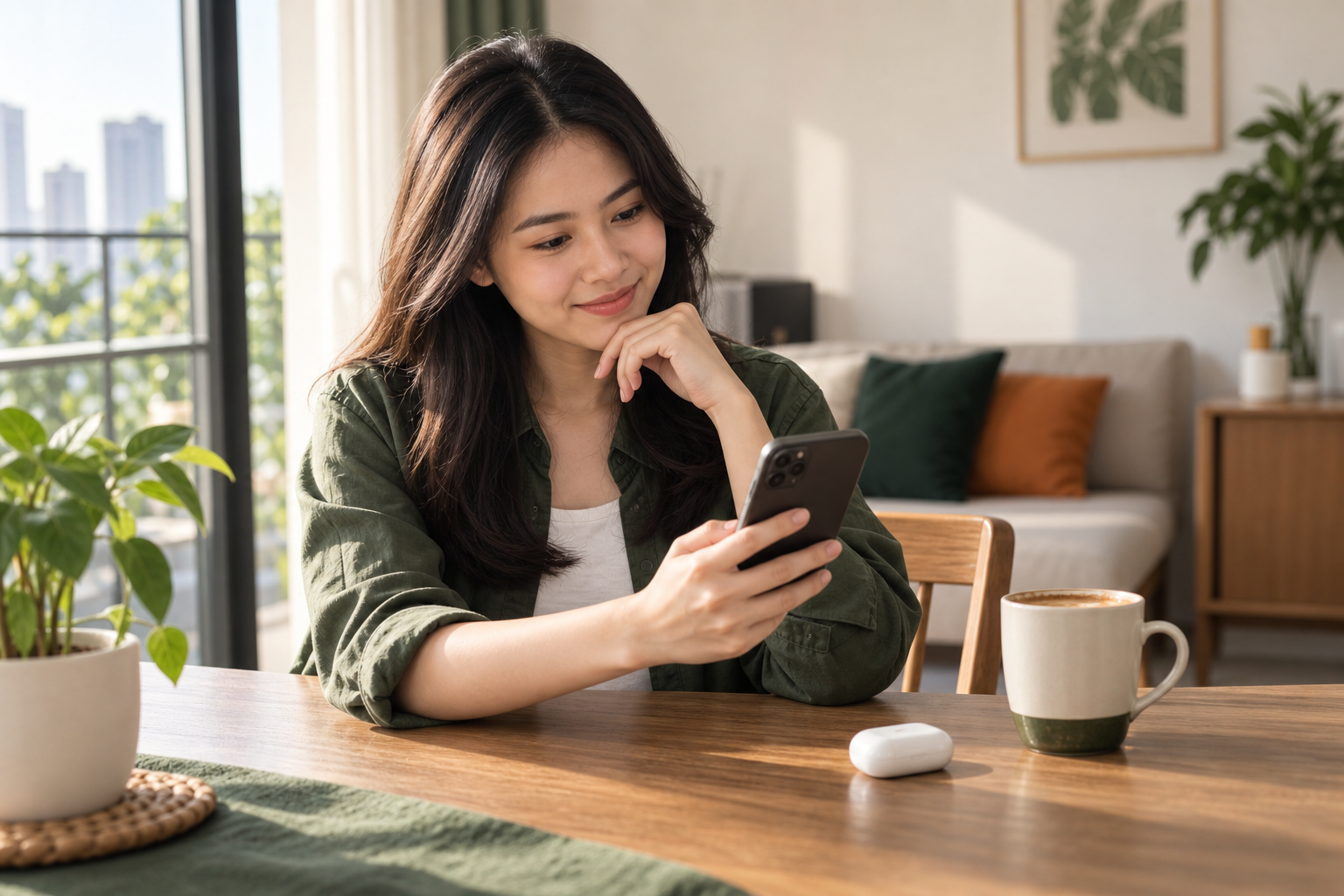 Wanita menggunakan telefon untuk merancang pembelian